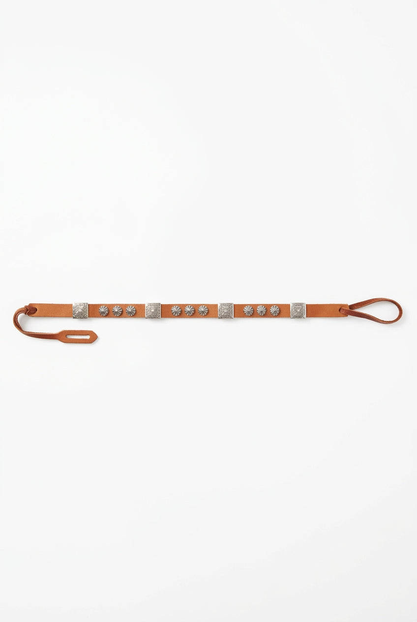 Trestles Clothing Company adjustable brown suede hat band with silver square and round conchos in a Western boho style